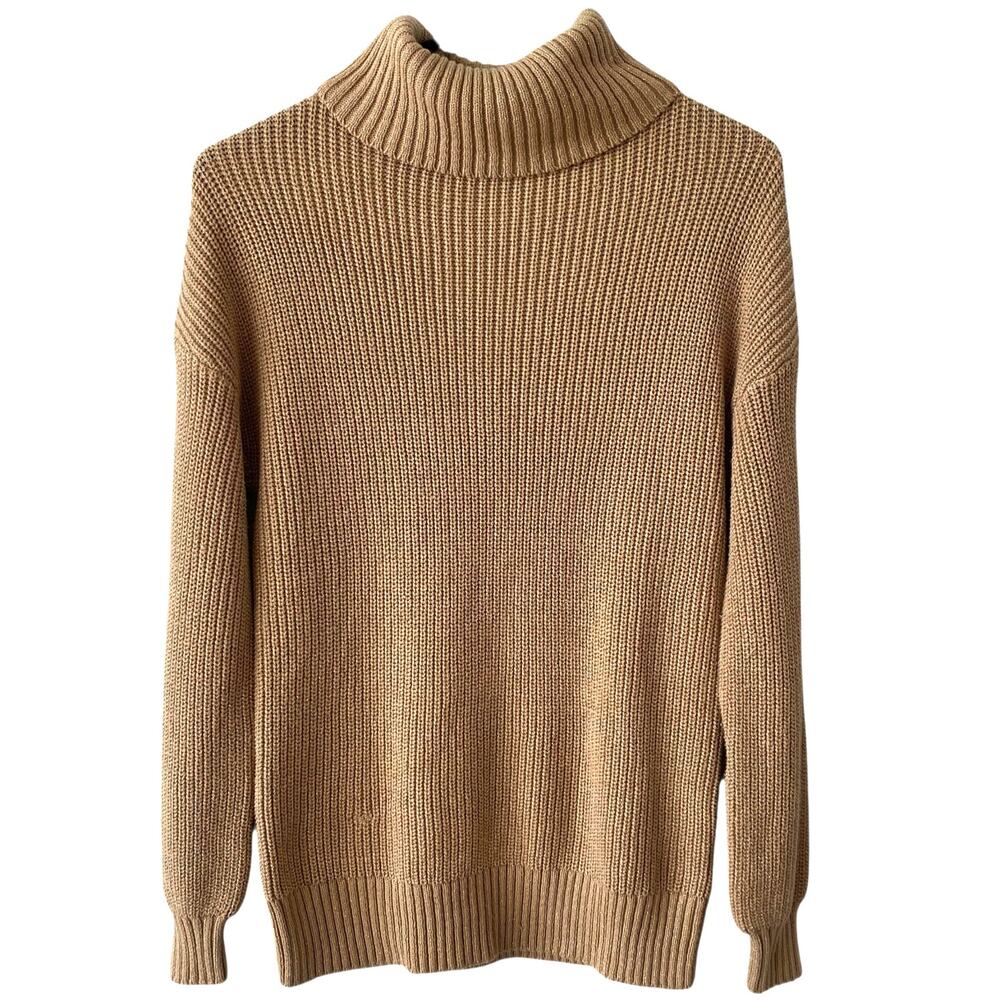 LIGHT FLAW BELLE BY KIM GRAVEL Turtleneck Holiday Sweater Tan Metallic Gold XS